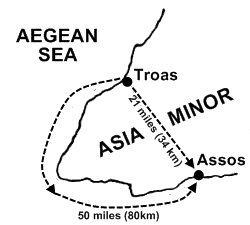 Map of Asia Minor showing Apostle Paul's trip, on foot, from Troas to Assos.