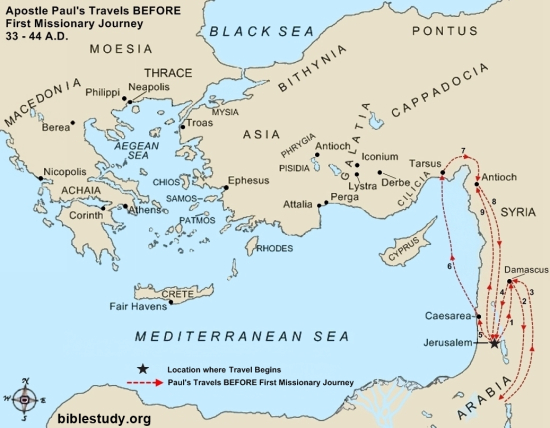 Apostle Paul's Journeys after Conversion Large Map