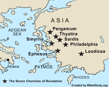 Map showing the island of Patmos, where John wrote the book of Revelation, in relation to the 7 churches mentioned in Revelation 2 and 3.