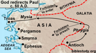 Map of God redirecting Apostle Paul to preach in Macedonia
