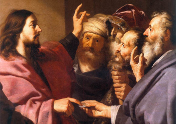 Jesus discussing tribute money with Pharisees