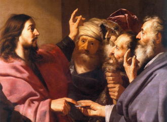 Jesus teaches Pharisees using tribute money