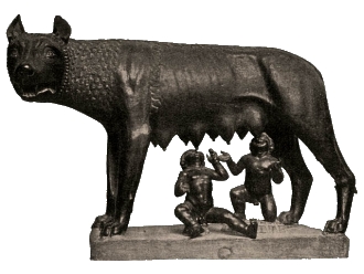 Founders of Rome, Romulus and Remus, fed by a she-wolf