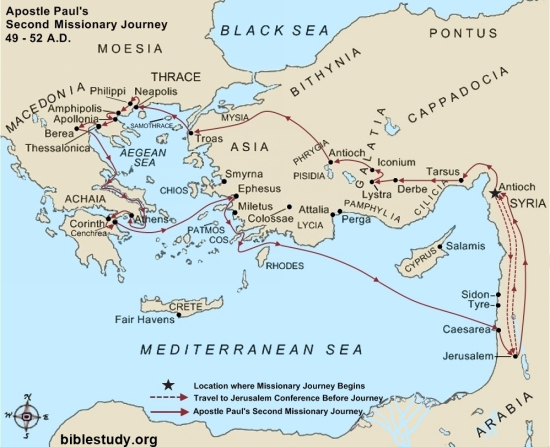 Large Map of Apostle Paul's Second Missionary Journey