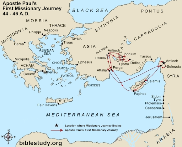 Apostle Paul's First Missionary Journey Large Map