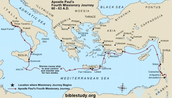 Carte du quatrième voyage missionnaire de Paul