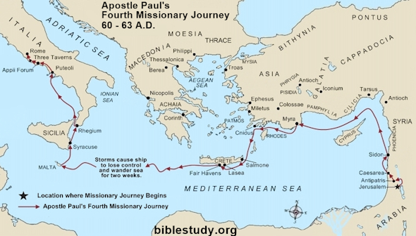 Carte du quatrième voyage missionnaire de Paul