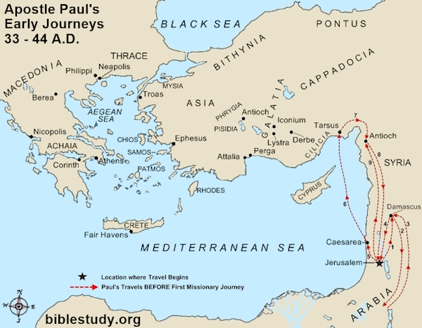 Apostle Paul's Journeys after Conversion Large Map