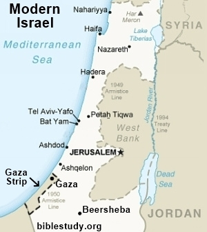 Map of modern Israel showing Gaza Strip