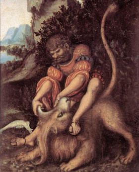 Samson fights a lion