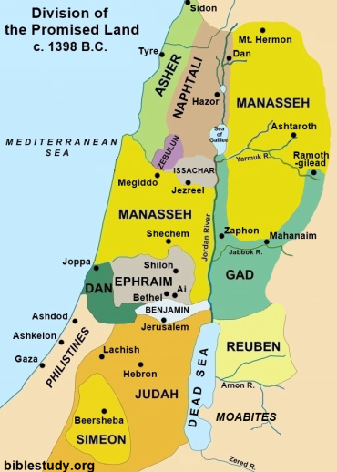 Map showing division of Israel's land in 1398 BC