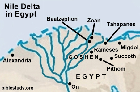 Map showing location of Goshen in Egypt where Ancient Israel lived.