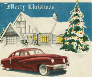 Christmas card that features Tucker automobile