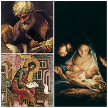 Collage showing Matthew, Luke and the Nativity