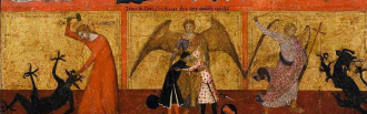 Angels battling with black devils painting